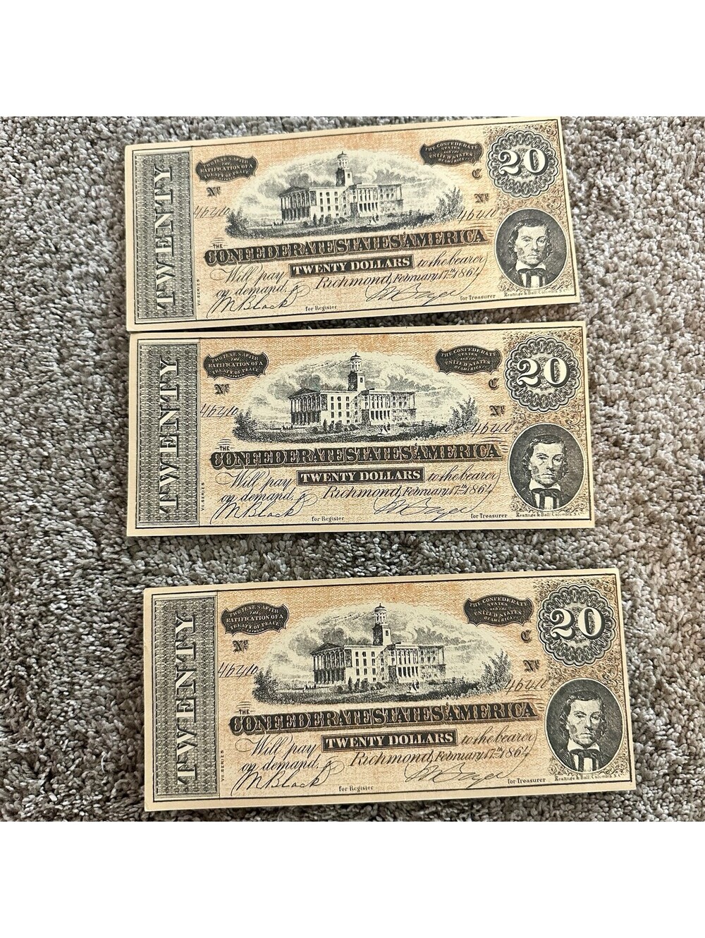 Lot Of 3 $20 Dollar Confederate States Of America Notes Reproduction Money Set